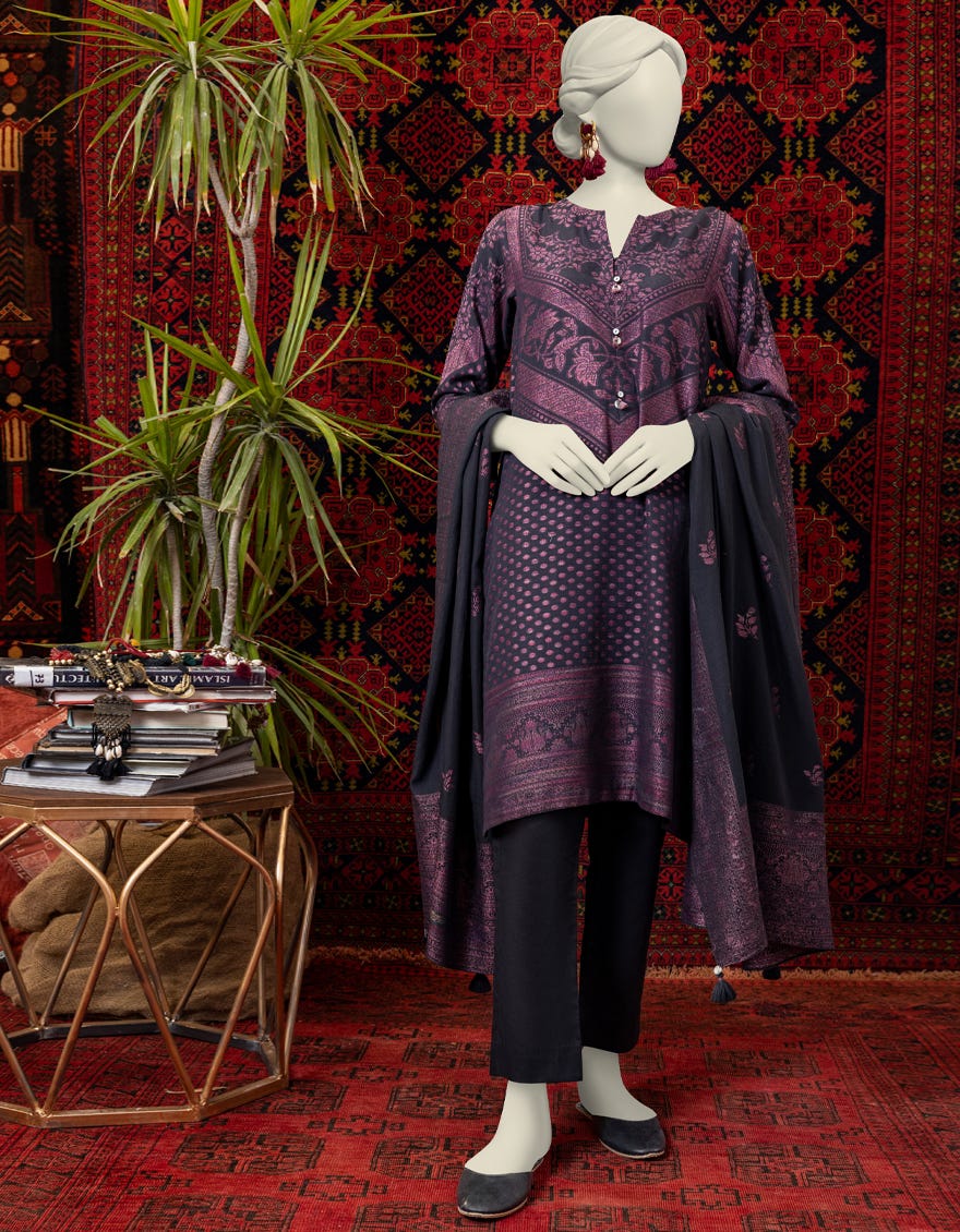 Black Jacquard 3 Piece Stitched Dress | Jjpw-W-Jw-23-1723
