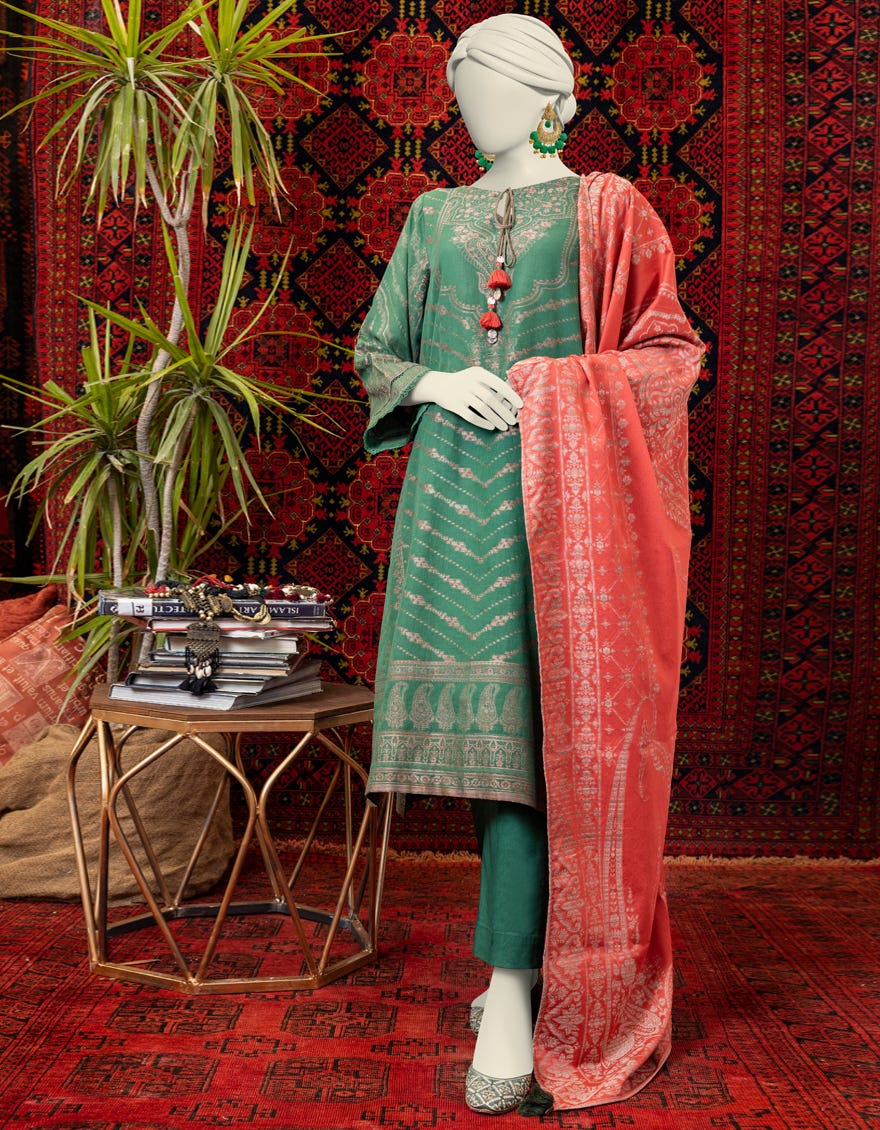 Green Jacquard 3 Piece Stitched Dress | Jjpw-W-Jw-23-1724