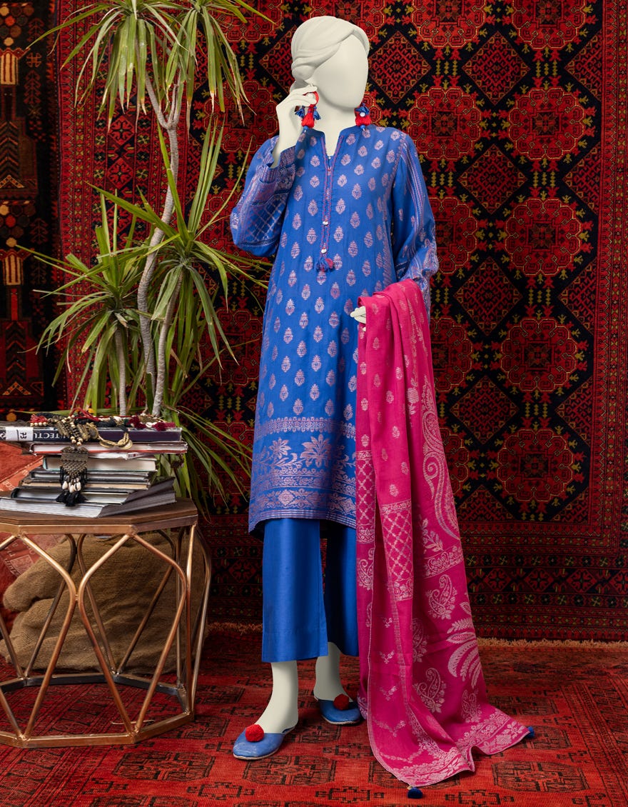 Blue Jacquard 3 Piece Stitched Dress | Jjpw-W-Jw-23-1725