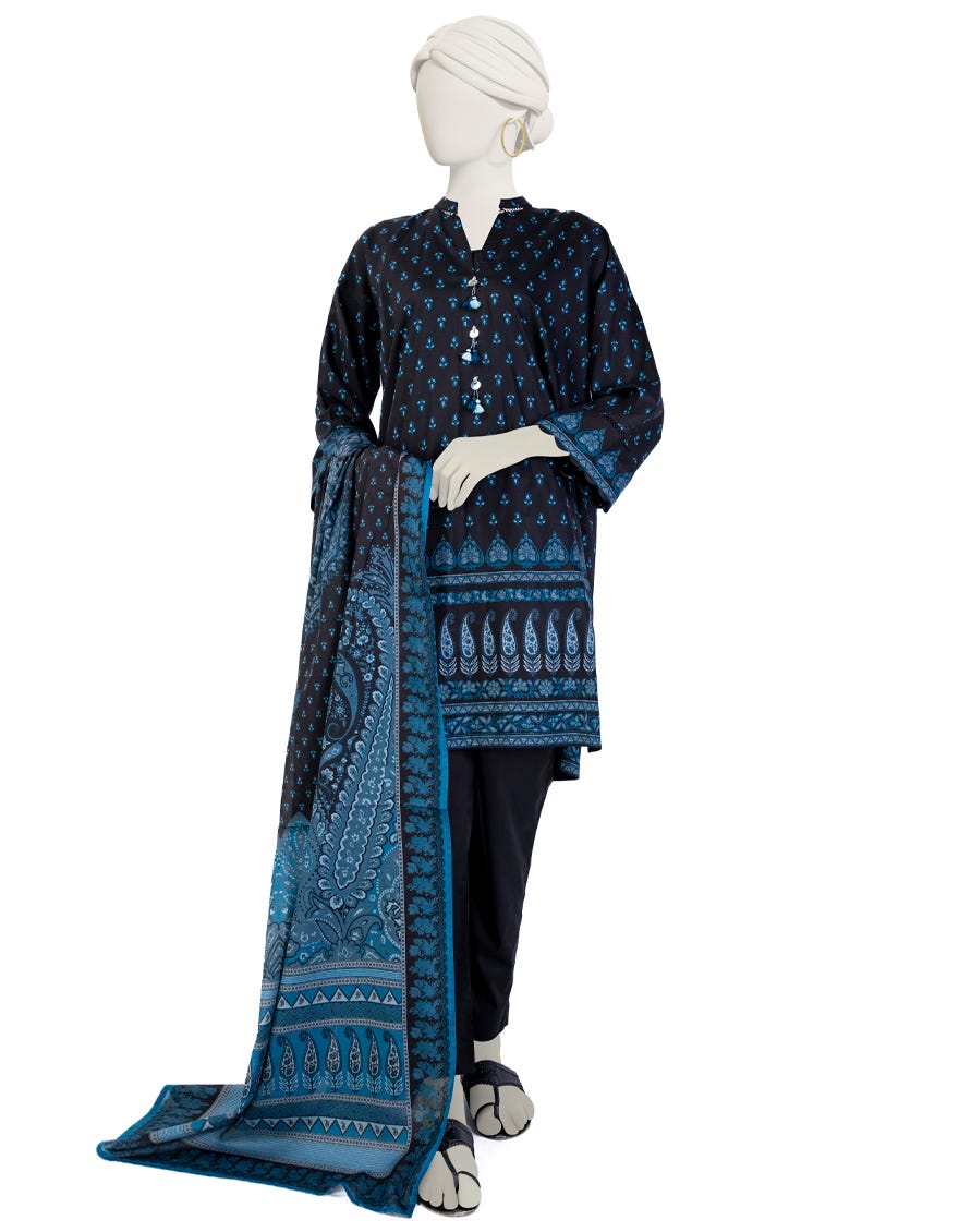 Black Cambric 3 Piece Stitched Dress | Jjpw-W-Jw-23-1734