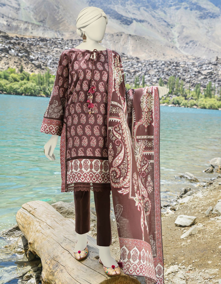 Brown Cambric Unstitched 3 Piece Dress | Jjls-W-Jw-23-1735