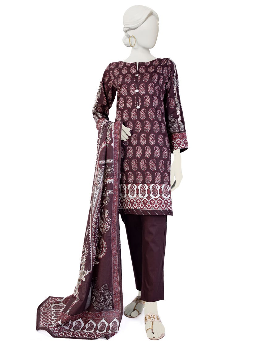 Brown Cambric 3 Piece Stitched Dress | Jjpw-W-Jw-23-1735