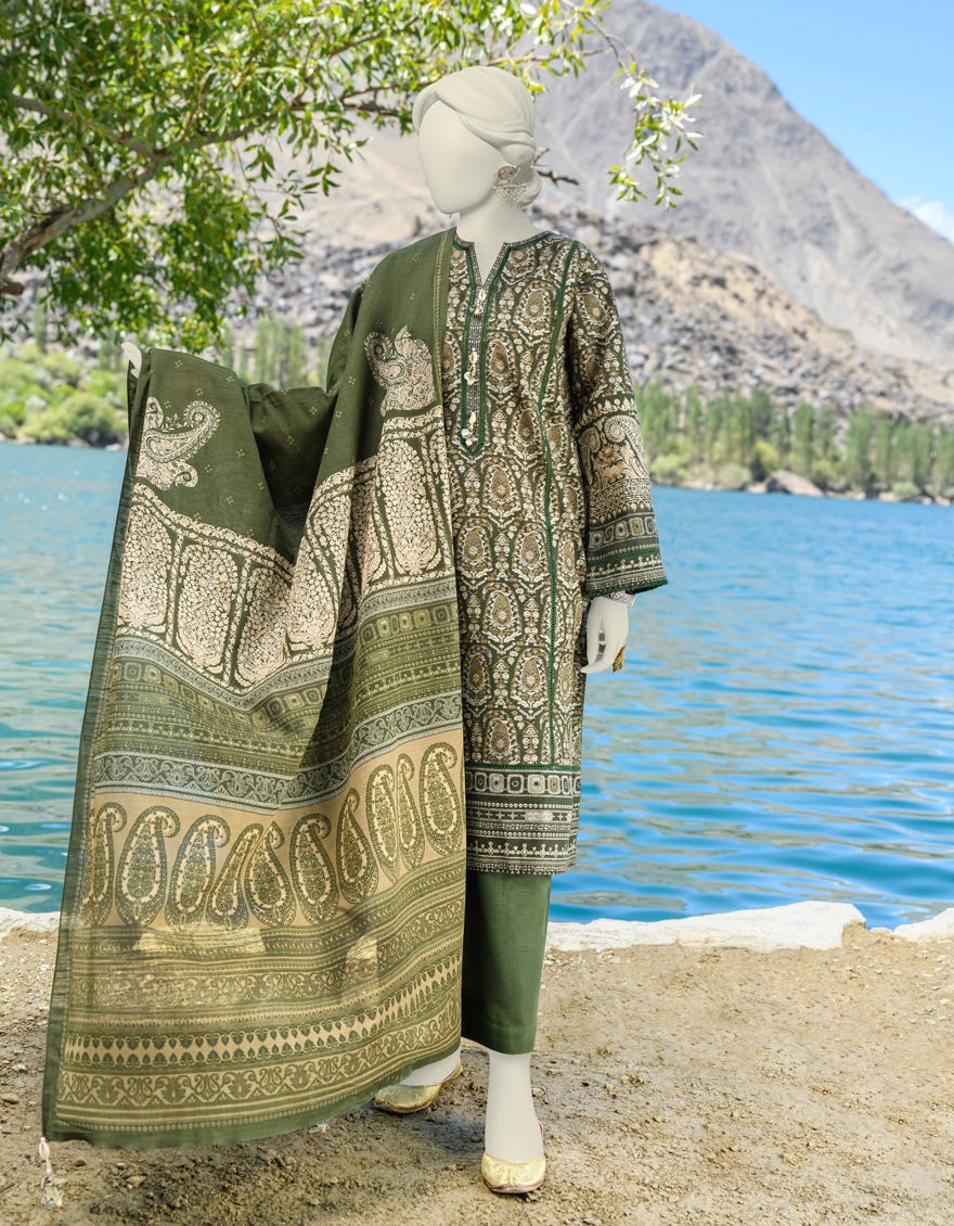 Green Cambric Unstitched 3 Piece Dress | Jjls-W-Jw-23-1736