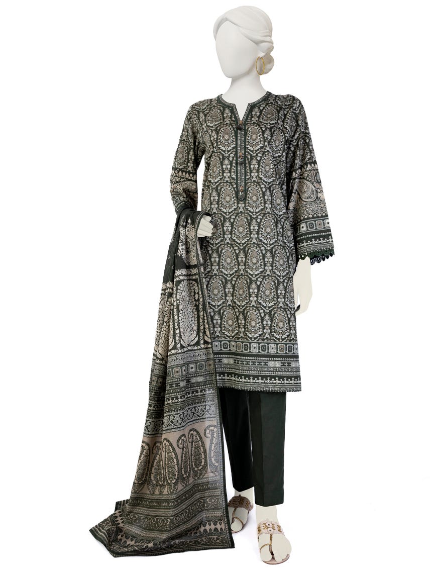 Green Cambric 3 Piece Stitched Dress | Jjpw-W-Jw-23-1736