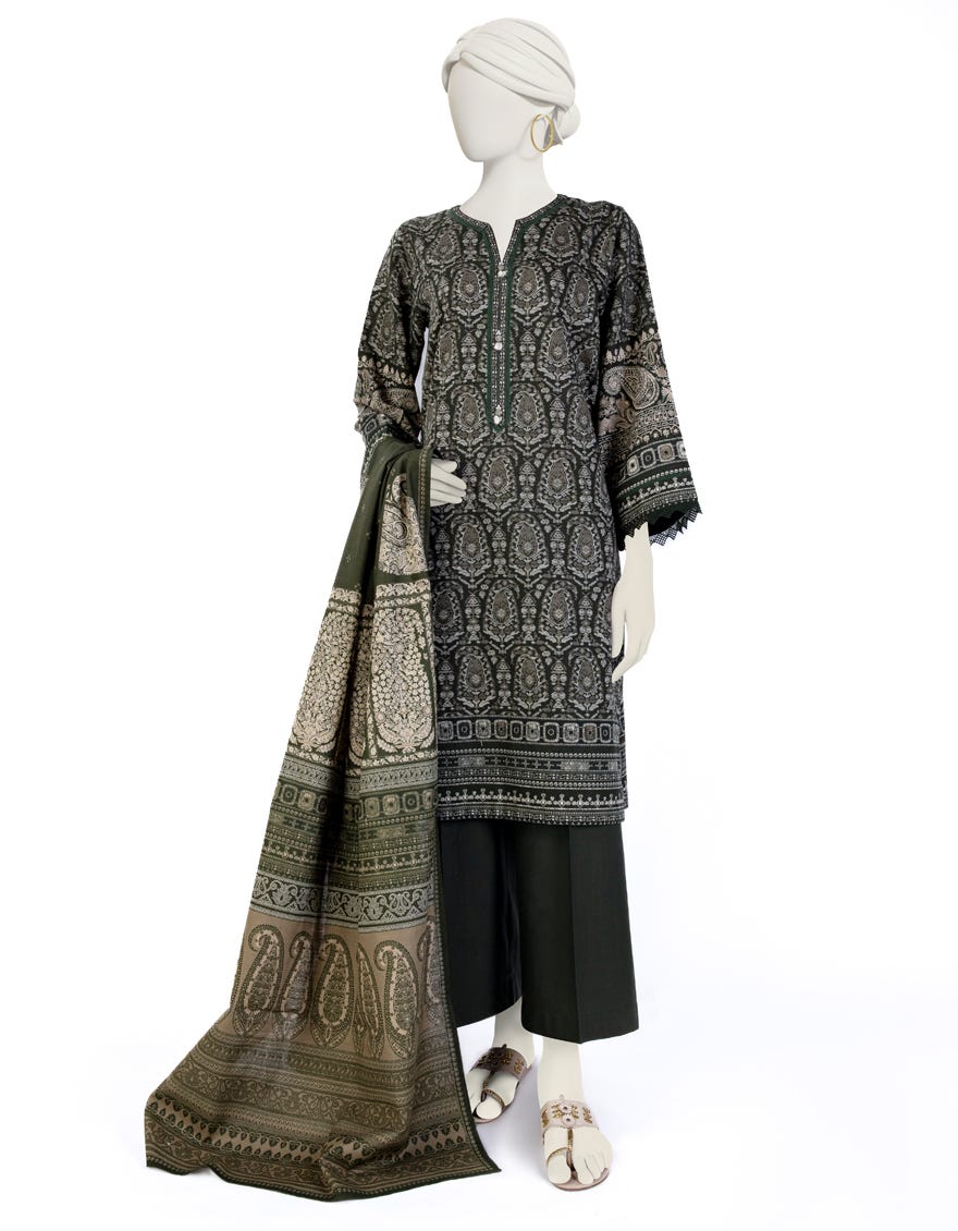 Green Khaddar 3 Piece Stitched Dress | Jjpw-W-Jw-23-1740