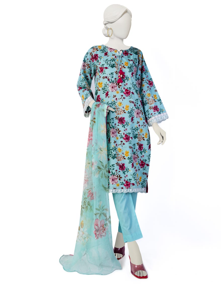 Blue Cambric 3 Piece Stitched Dress | Jjpw-W-Jw-23-1743