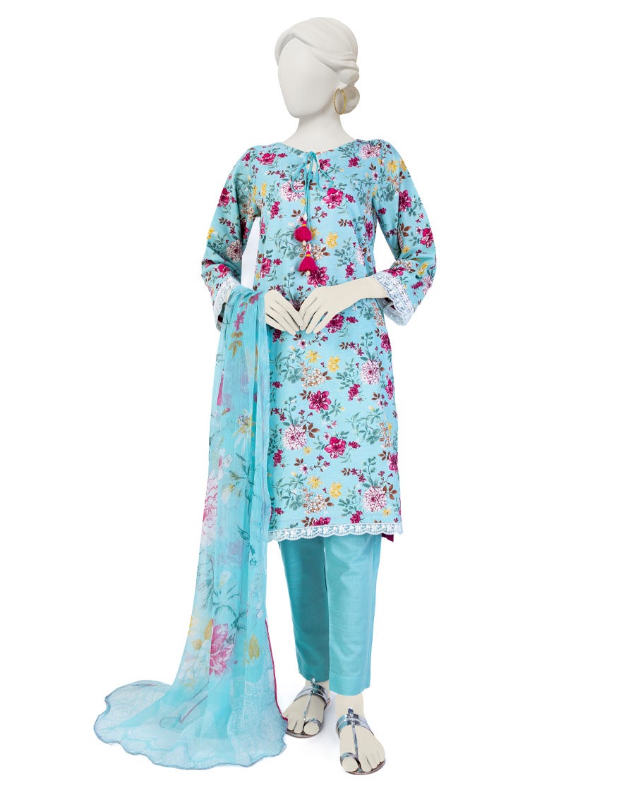 Blue Khaddar 3 Piece Stitched Dress | Jjpw-W-Jw-23-1747