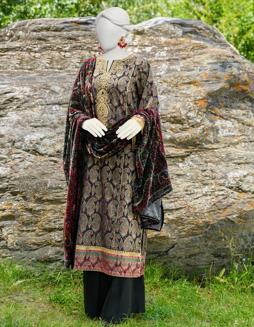 Black Jacquard Unstitched 3 Piece Dress | Jjls-W-Jw-23-1750