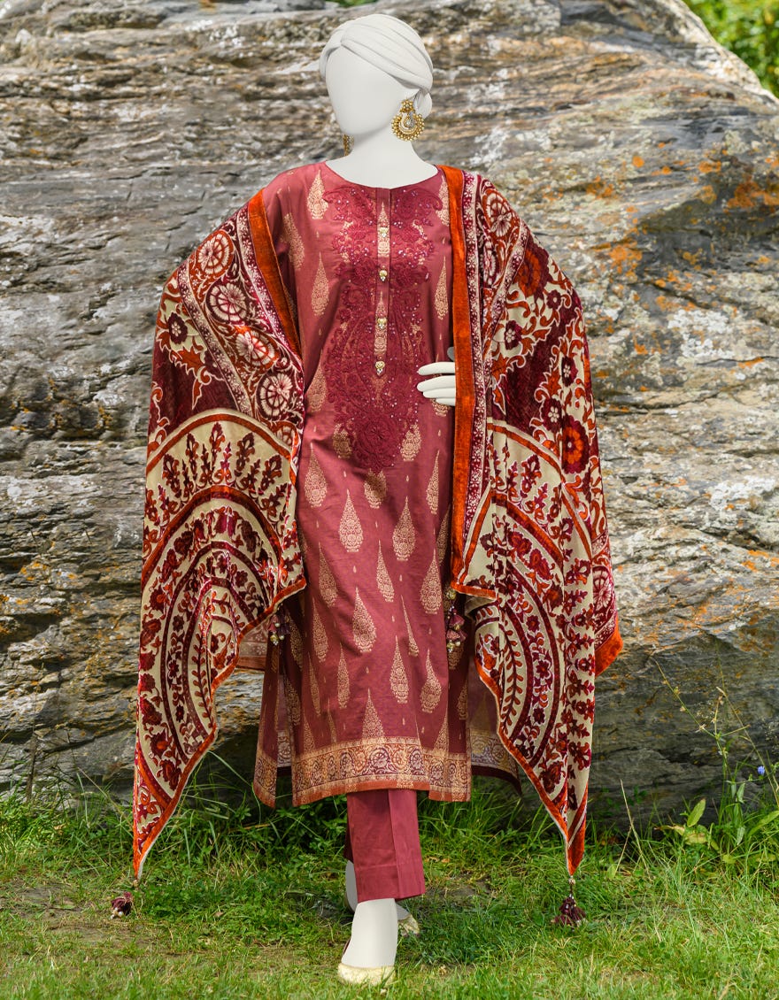 Maroon Jacquard Unstitched 3 Piece Dress | Jjls-W-Jw-23-1751
