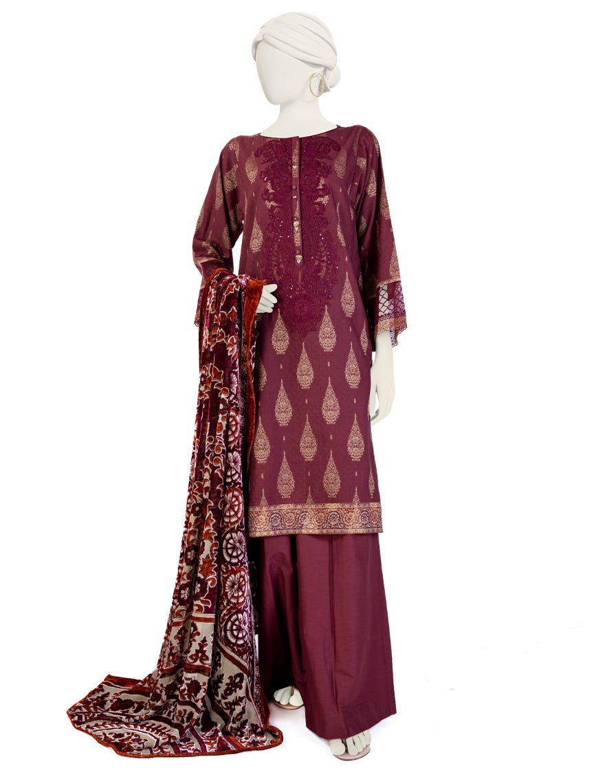 Maroon Jacquard 3 Piece Stitched Dress | Jjpw-W-Jw-23-1751