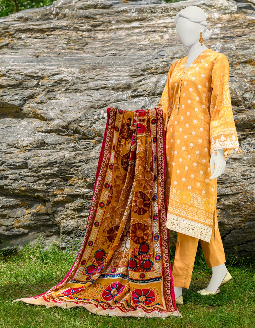 Mustard Jacquard 3 Piece Stitched Dress | Jjpw-W-Jw-23-1752