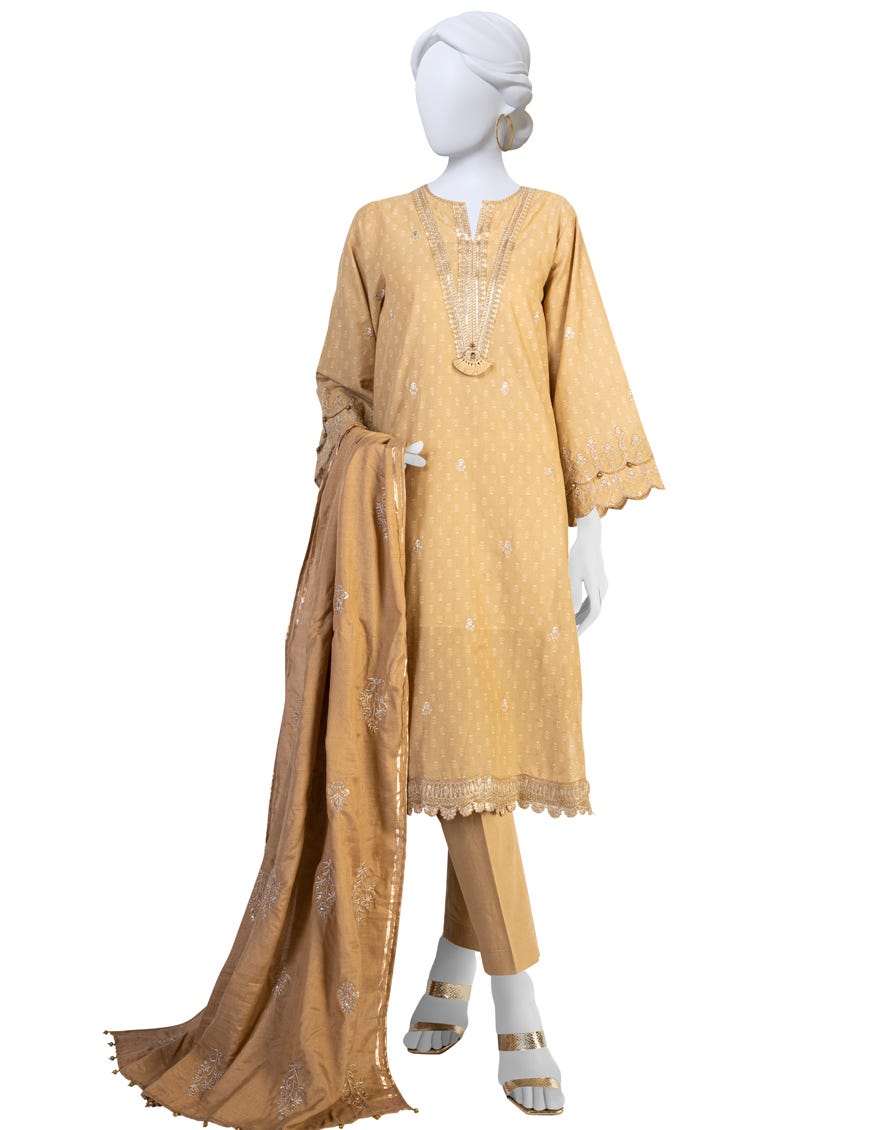 BEIGE LAWN UNSTITCHED 3PC | JLAWN-S-23-175