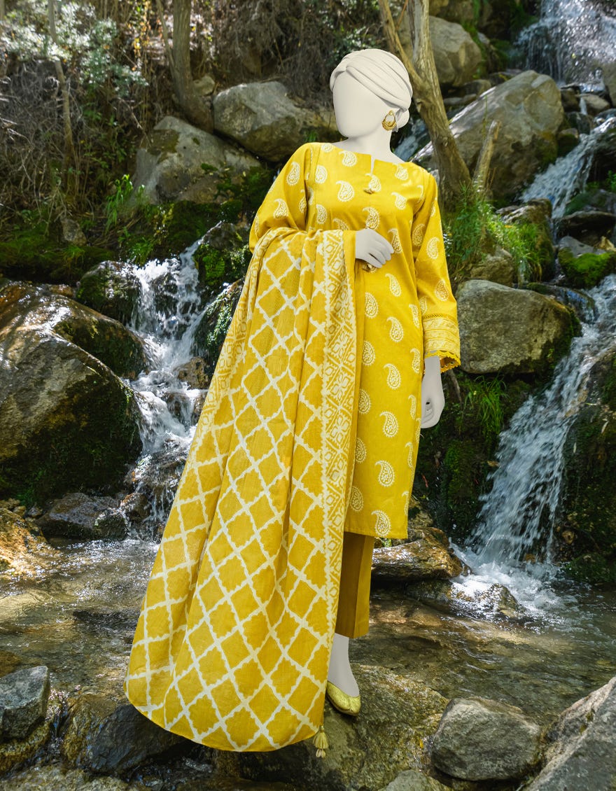 Yellow Cambric Unstitched 3 Piece Dress | Jjls-W-Jwu-23-1800