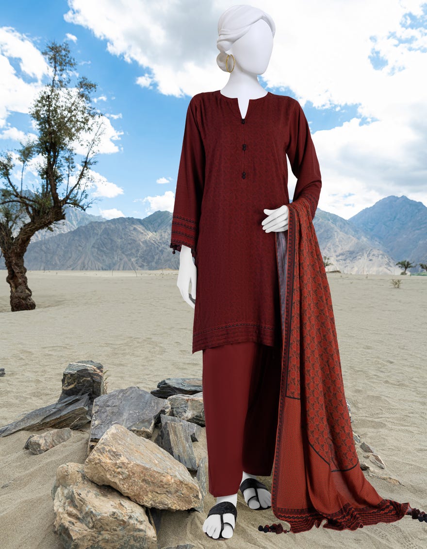Maroon Linen Unstitched 3 Piece Dress | Jjls-W-Jwu-23-1801