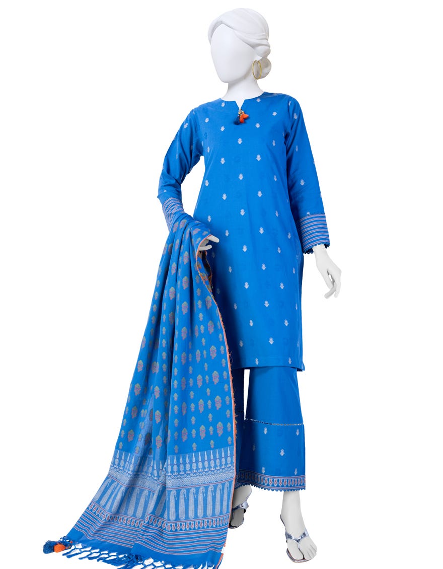 Blue Handwoven Jacquard Unstitched 3 Piece Dress | Jjls-W-Jwu-23-1809