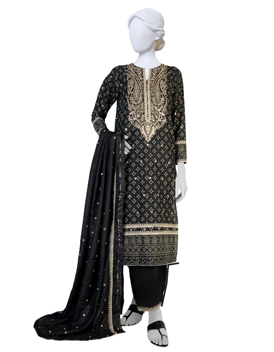 Black Lawn 3 Piece Stitched Dress | Jlawn-S-23-181