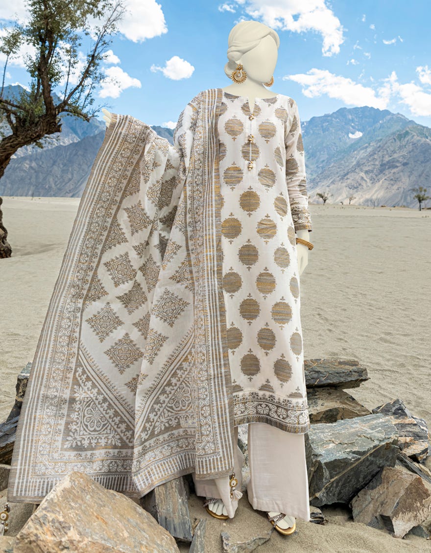 White Jacquard Unstitched 3 Piece Dress | Jjls-W-Jwu-23-1821
