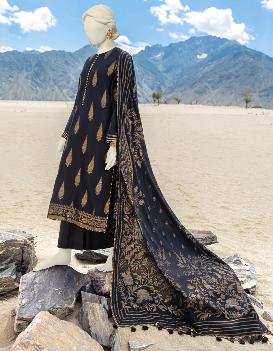 Black Jacquard Unstitched 3 Piece Dress | Jjls-W-Jwu-23-1822
