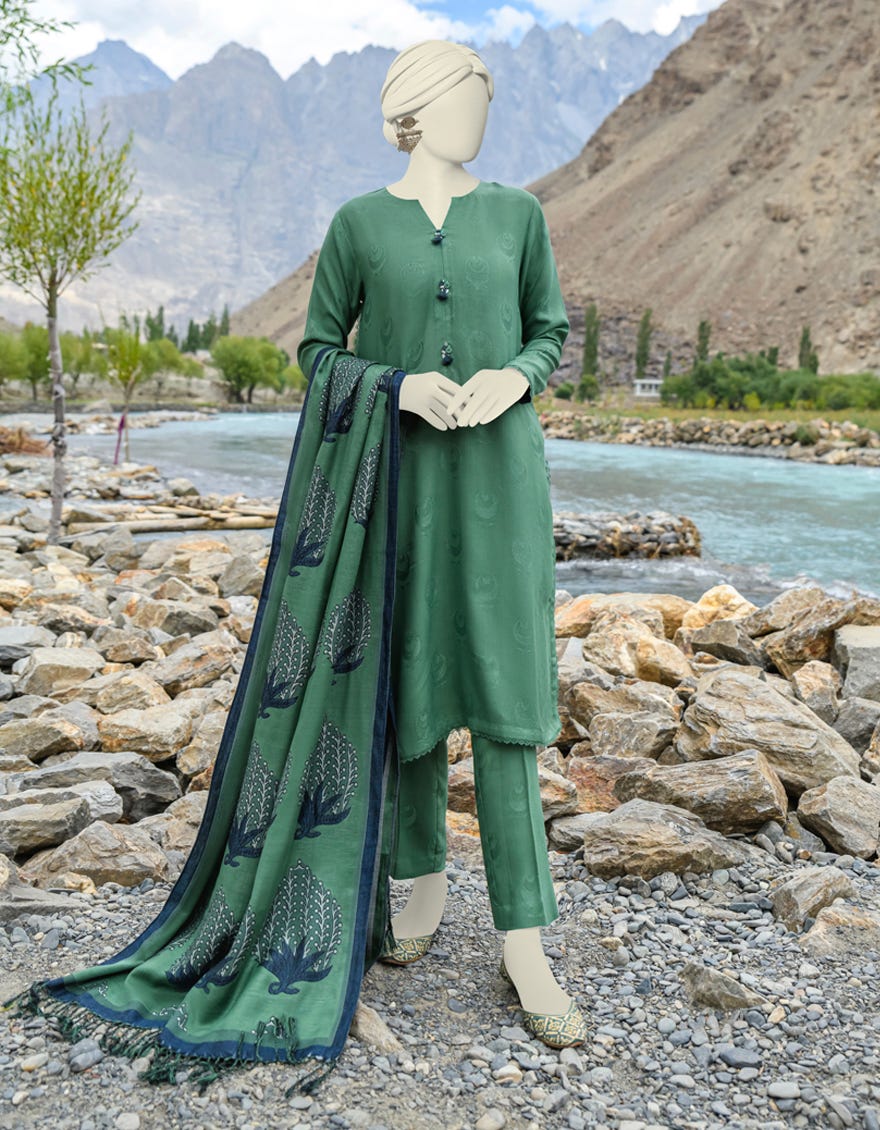 Green Acrylic Unstitched 3 Piece Dress | Jjls-W-Jwu-23-1831