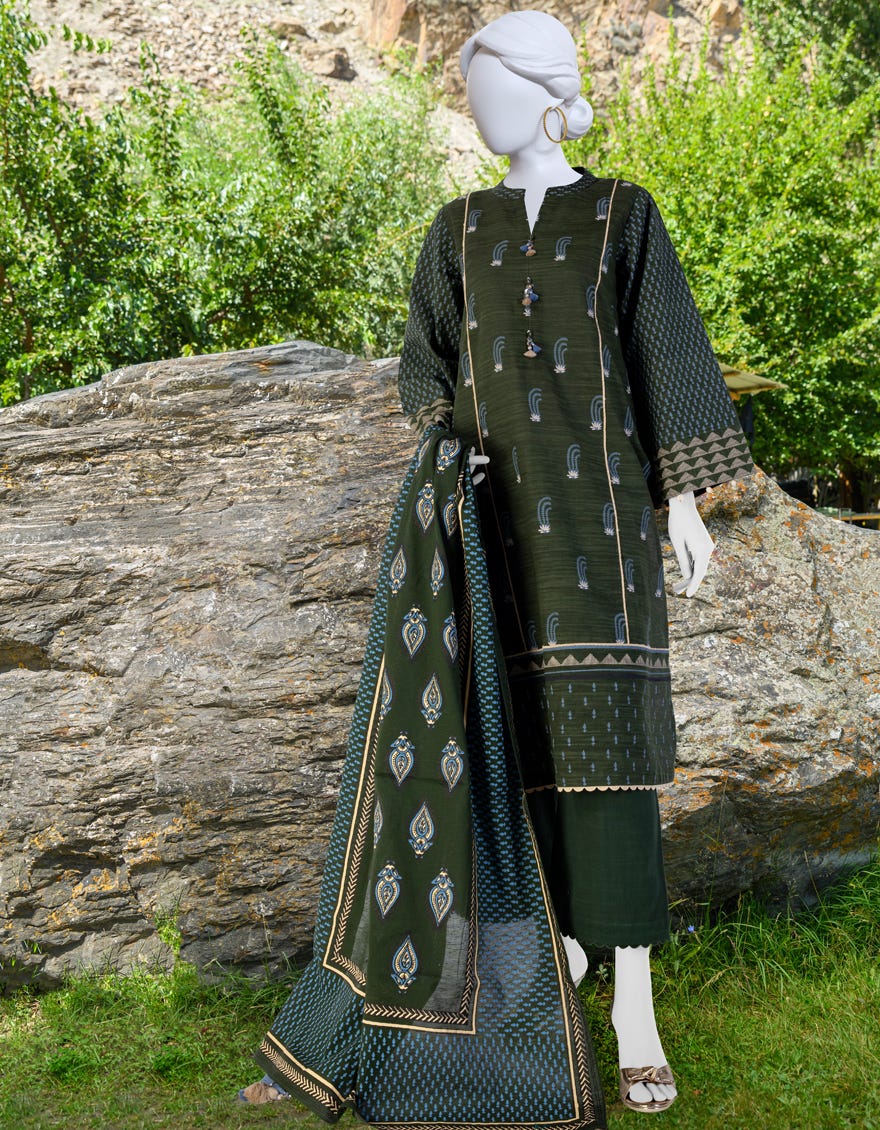 Green Khaddar Unstitched 3 Piece Dress | Jjls-W-Jwu-23-1837