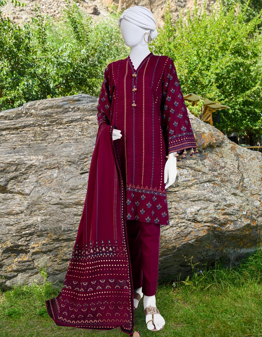 Red Khaddar Unstitched 3 Piece Dress | Jjls-W-Jwu-23-1839