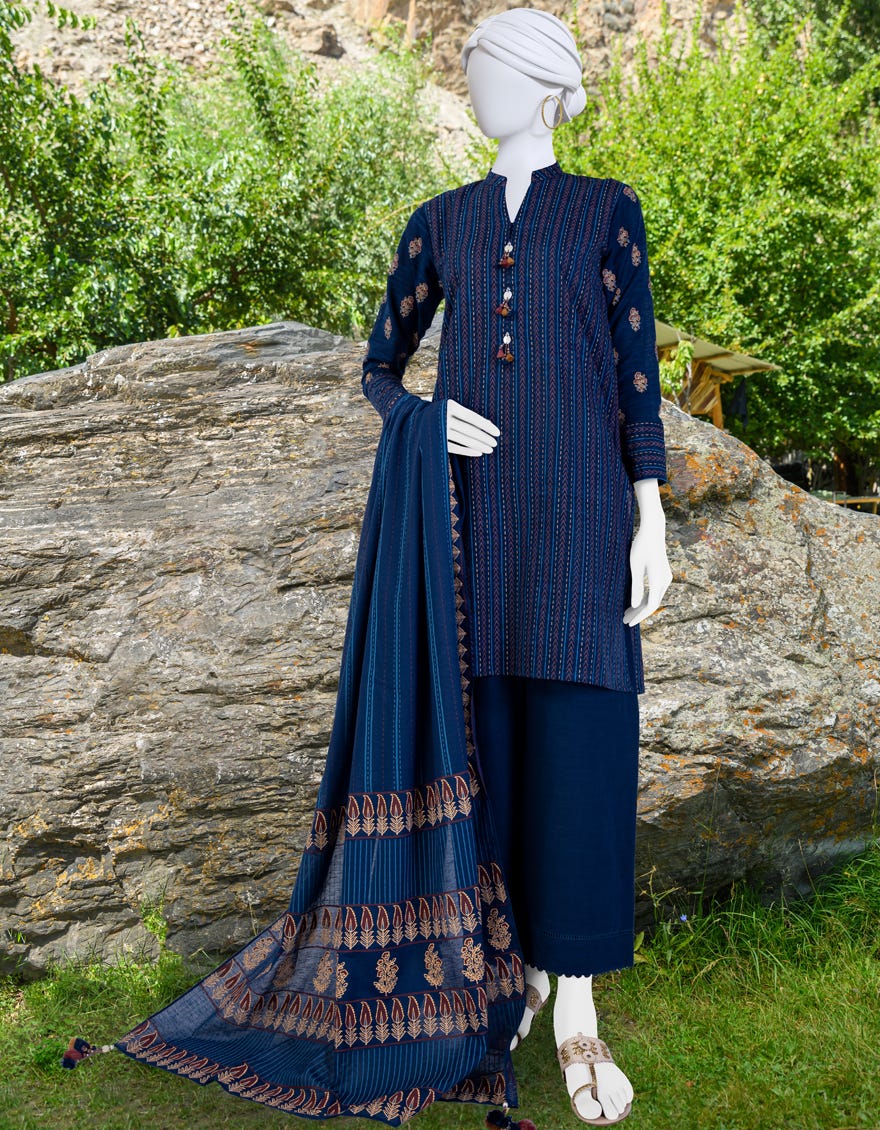 Blue Khaddar Unstitched 3 Piece Dress | Jjls-W-Jwu-23-1840