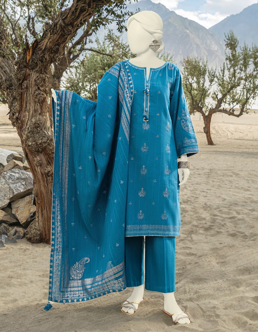 Blue Textured Unstitched 3 Piece Dress | Jjls-W-Jwu-23-1843