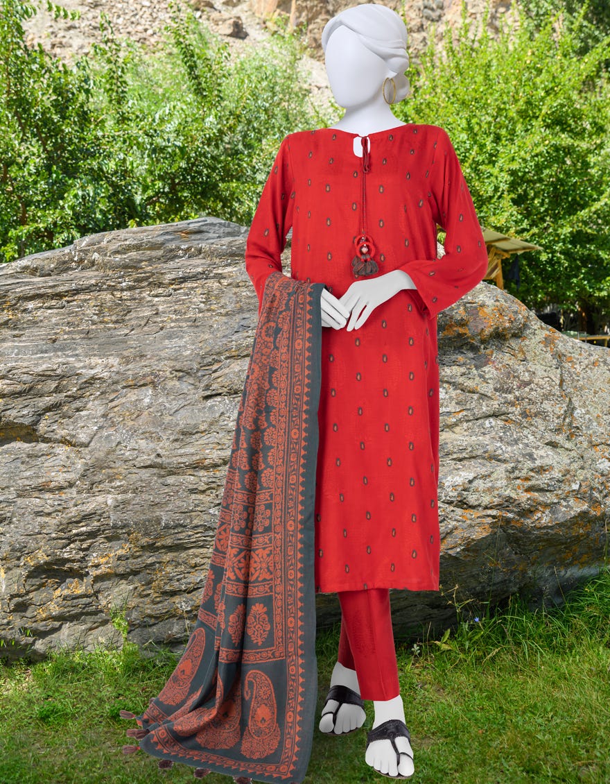 Red Acrylic Unstitched 3 Piece Dress | Jjls-W-Jwu-23-1846