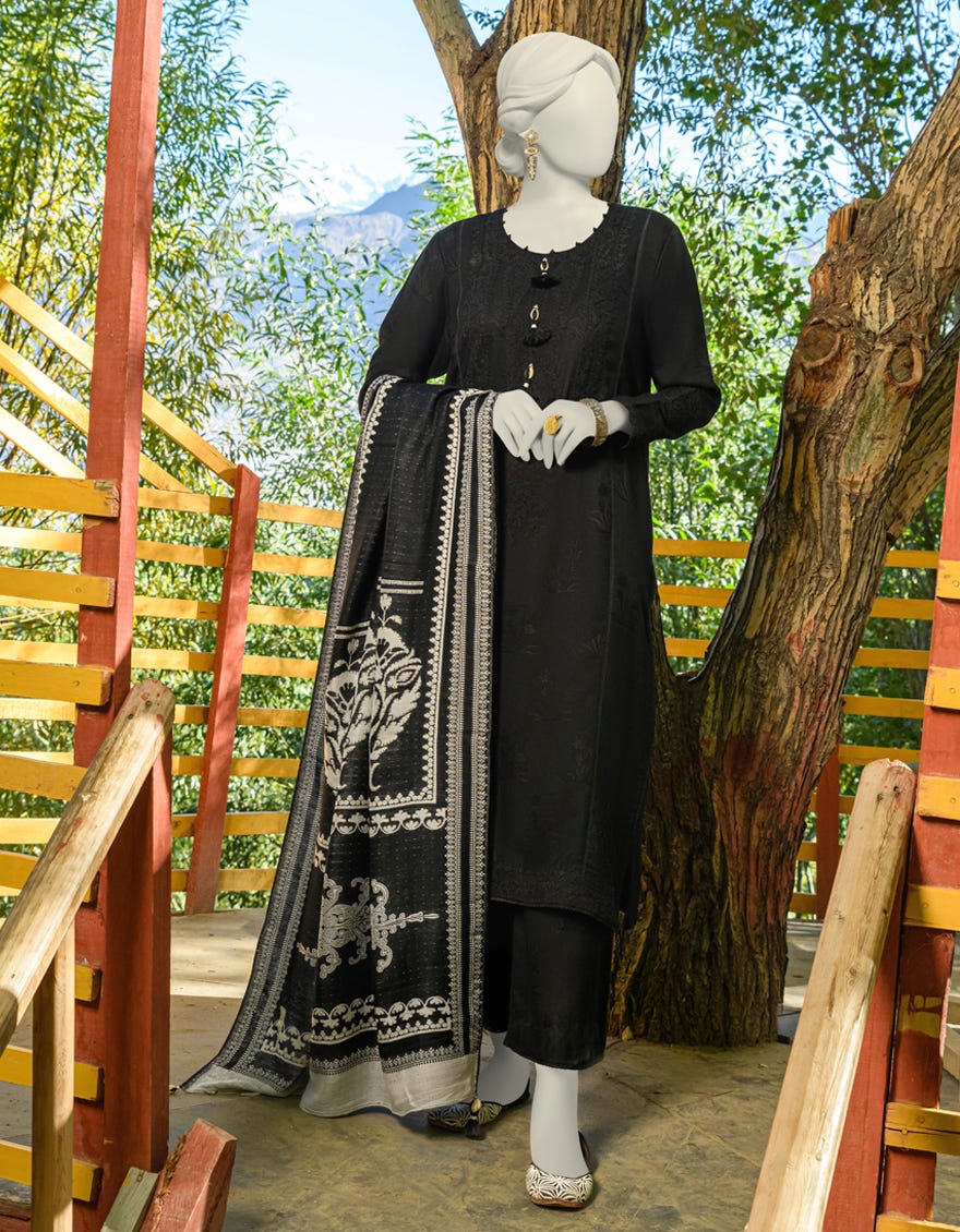 Black Acrylic Unstitched 3 Piece Dress | Jjls-W-Jwu-23-1847
