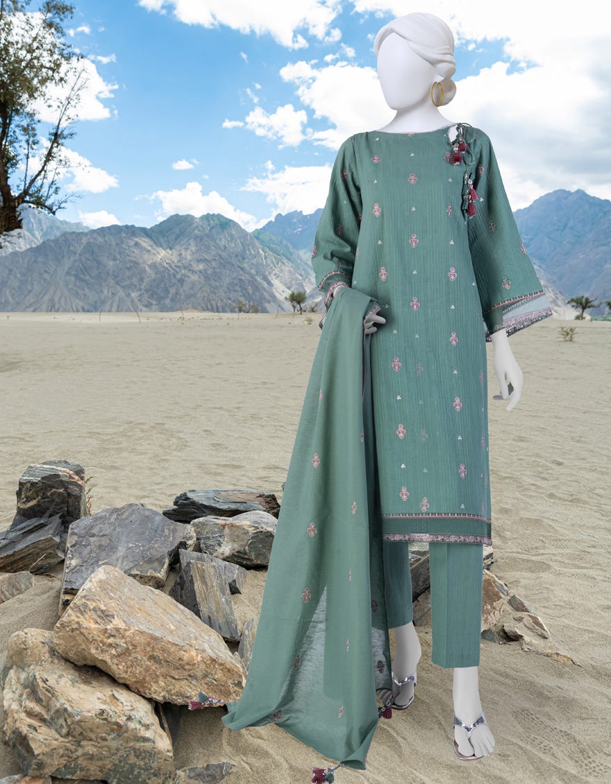 Green Karandi Unstitched 3 Piece Dress | Jjls-W-Jwu-23-1849