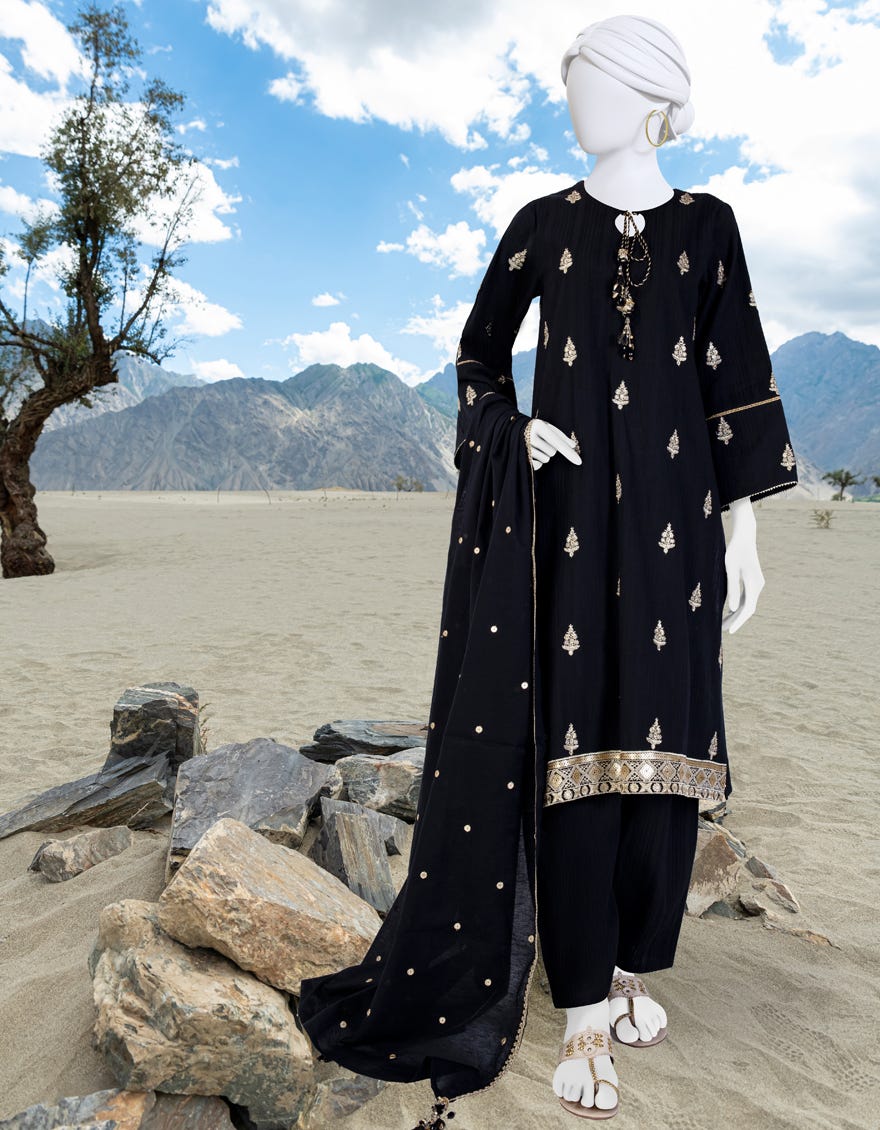 Black Karandi Unstitched 3 Piece Dress | Jjls-W-Jwu-23-1851