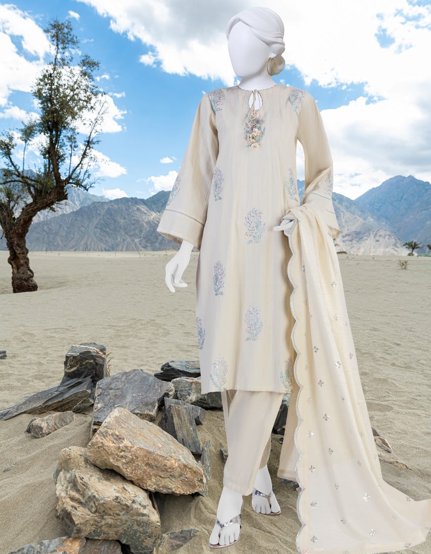 White Karandi Unstitched 3 Piece Dress | Jjls-W-Jwu-23-1853