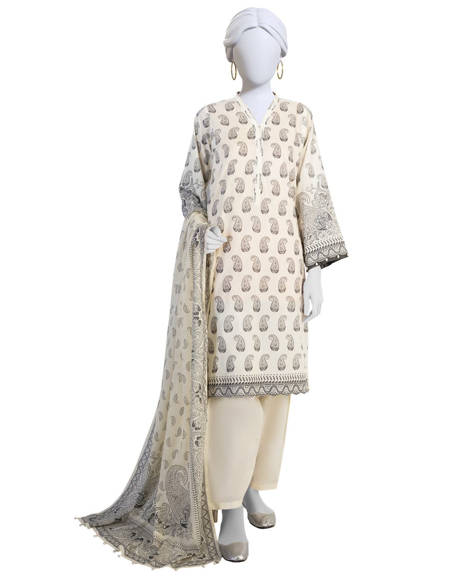 Cream Lawn 3 Piece Stitched Dress | Jlawn-S-23-185