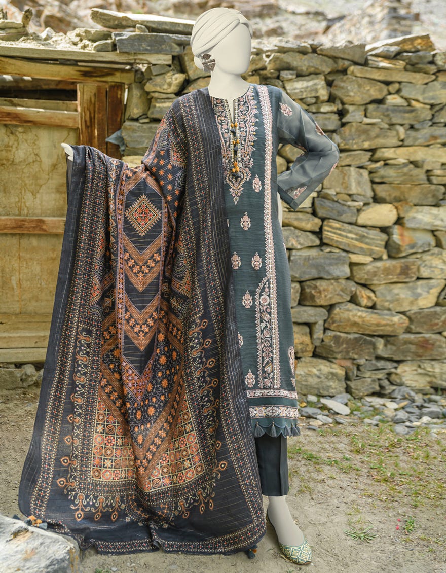 Grey Kota Net Unstitched 3 Piece Dress | Jjls-W-Jwu-23-1863
