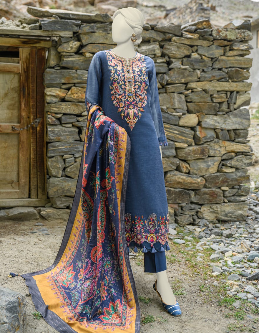 Blue Kota Net Unstitched 3 Piece Dress | Jjls-W-Jwu-23-1865