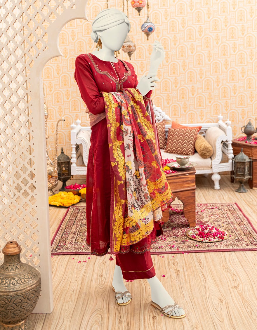 Red Poly-Cotton 3 Piece Stitched Dress | Jjpw-W-Jw-23-1866