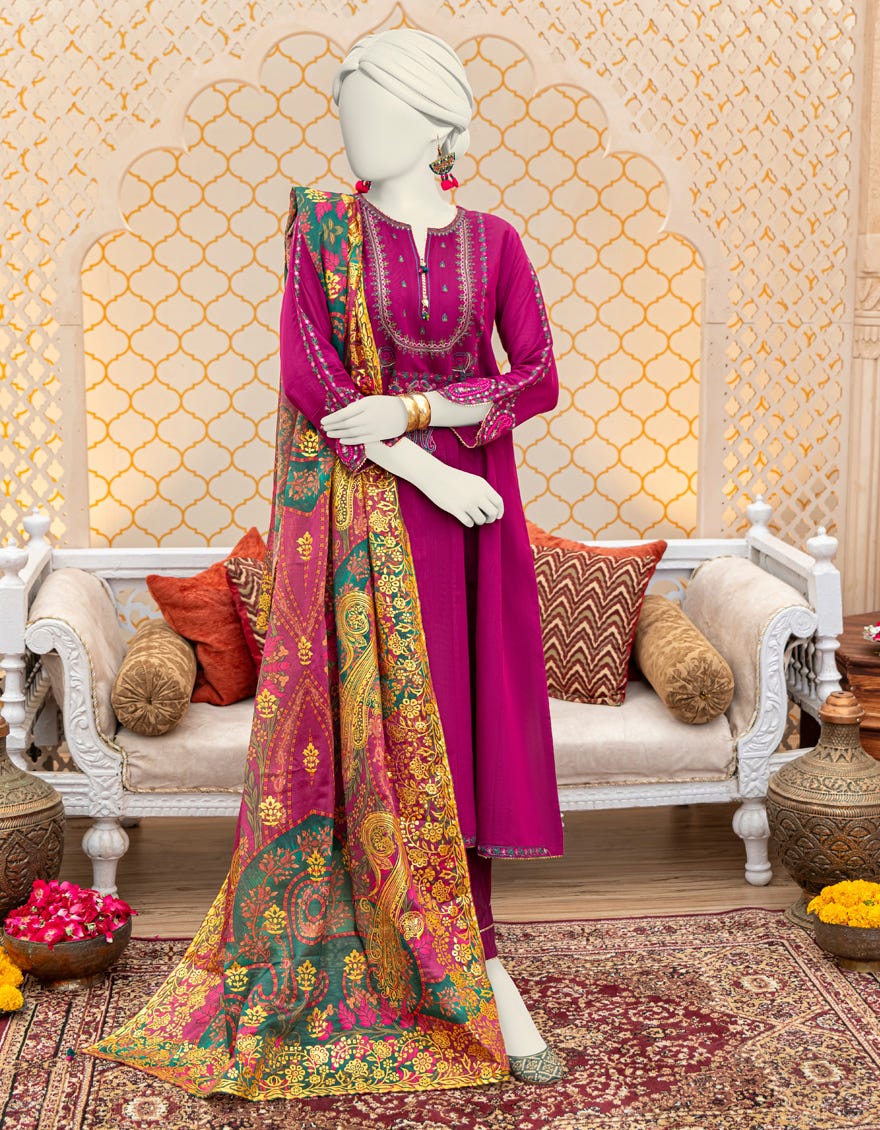 Purple Poly-Cotton 3 Piece Stitched Dress | Jjpw-W-Jw-23-1867