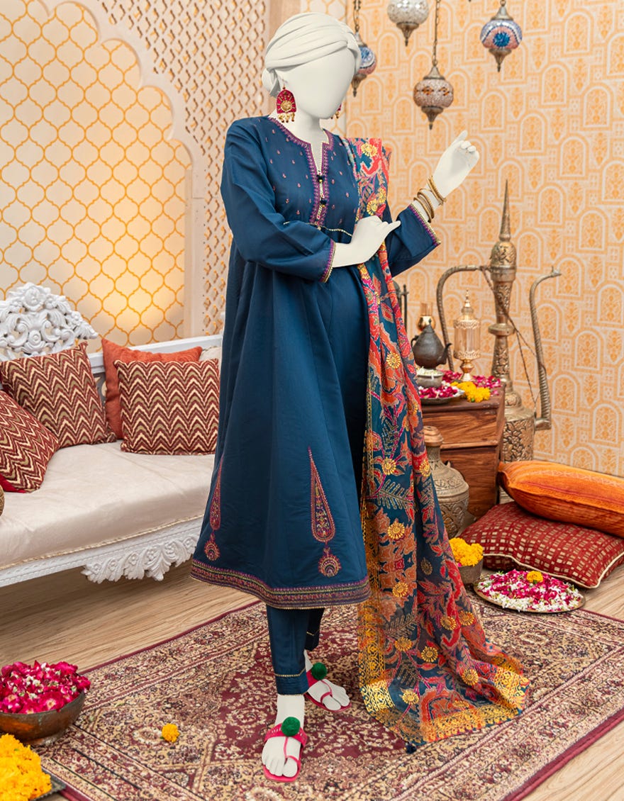 Blue Poly-Cotton 3 Piece Stitched Dress | Jjpw-W-Jw-23-1868