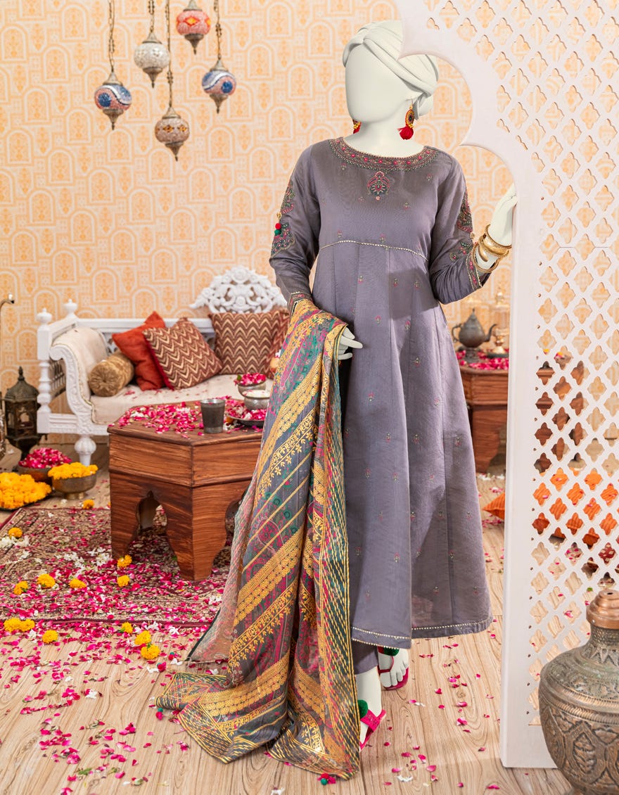 Grey Poly-Cotton 3 Piece Stitched Dress | Jjpw-W-Jw-23-1869