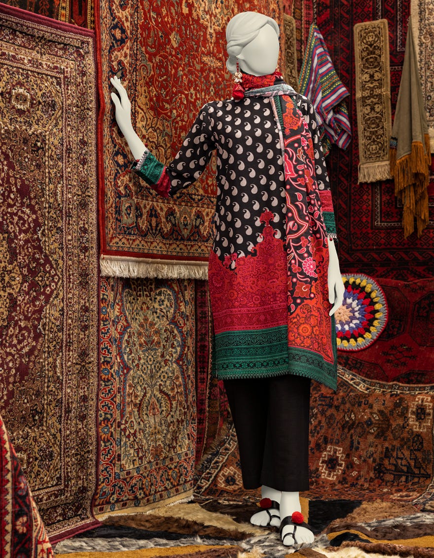 Black Khaddar 3 Piece Stitched Dress | Jjpw-W-Jw-23-1870