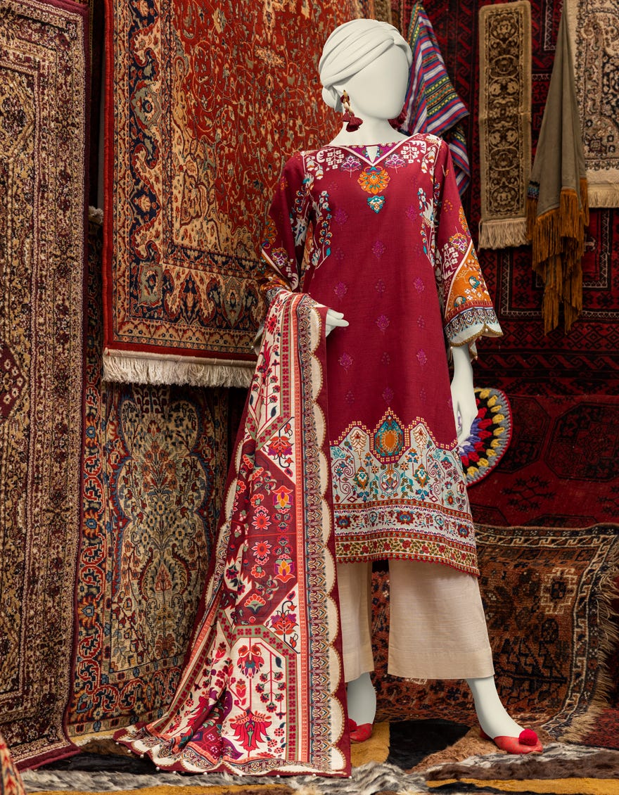 Maroon Khaddar 3 Piece Stitched Dress | Jjpw-W-Jw-23-1871