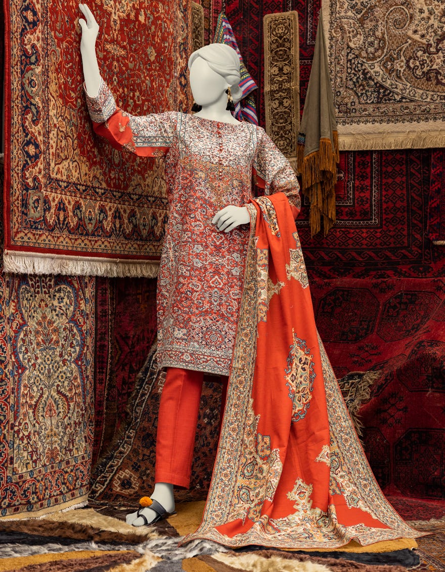 Red Khaddar 3 Piece Stitched Dress | Jjpw-W-Jw-23-1872
