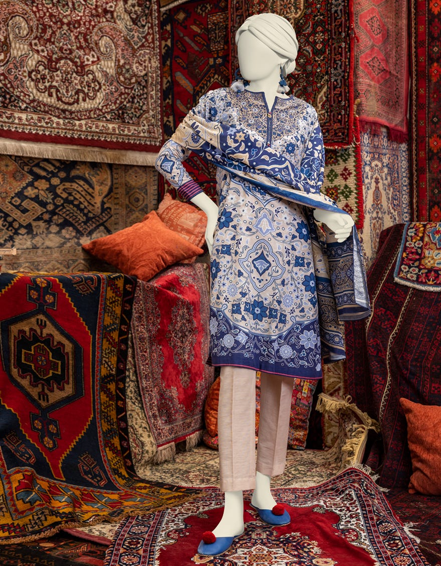 Blue Khaddar 3 Piece Stitched Dress | Jjpw-W-Jw-23-1873