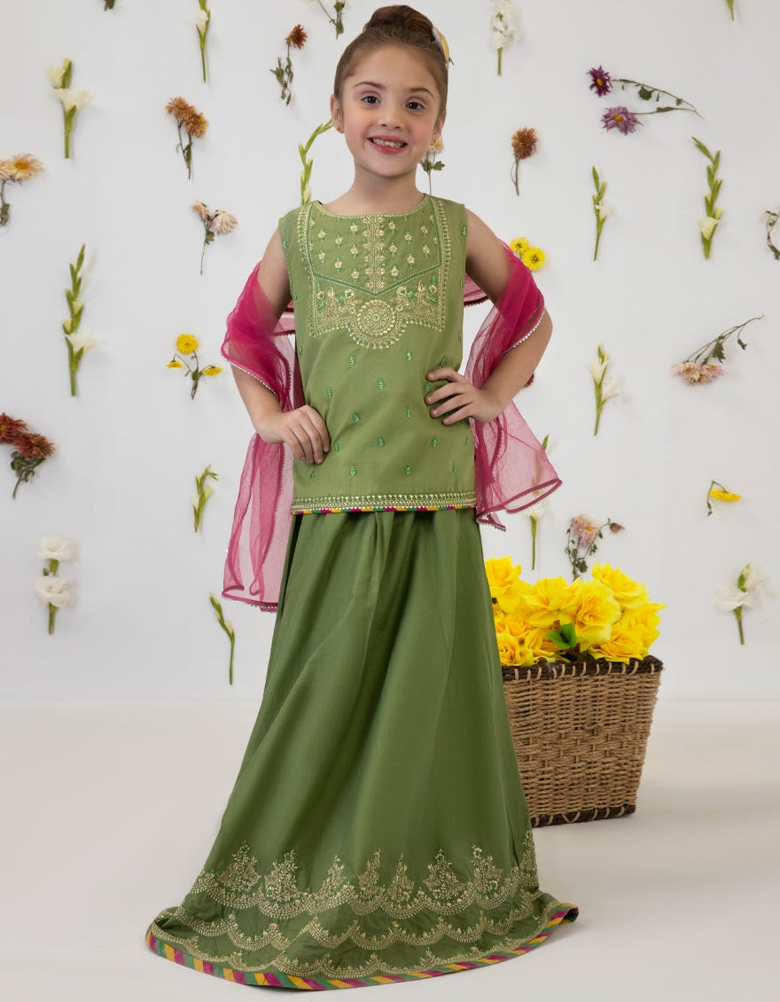 Green Dyed Girls 3 Piece Stitched | Jgk-S-23-1904