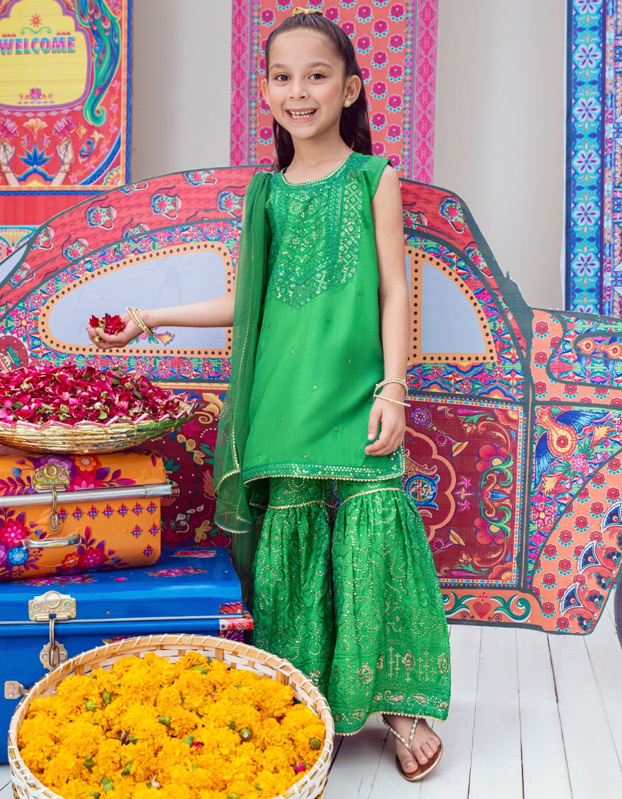 Green Raw Silk Girls 3 Piece Stitched | Jgk-W-23-1911
