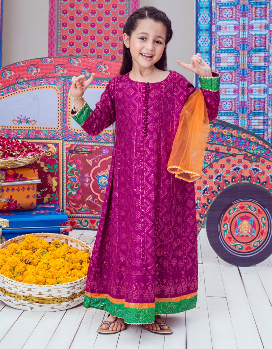 Violet Raw Silk Girls 3 Piece Stitched | Jgk-W-23-1912