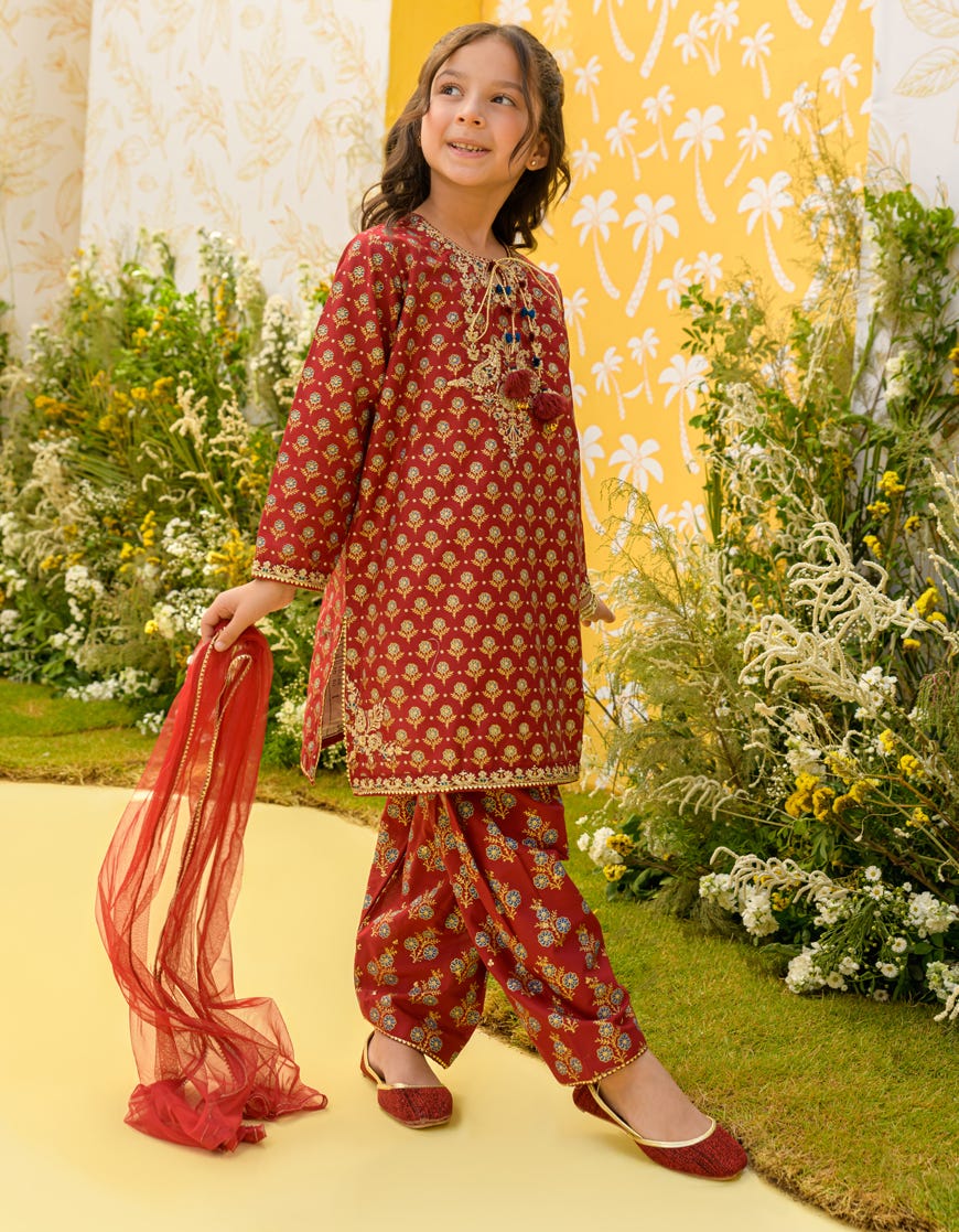 Maroon Lawn Silk Girls 3 Piece Stitched | Jgk-S-23-1923