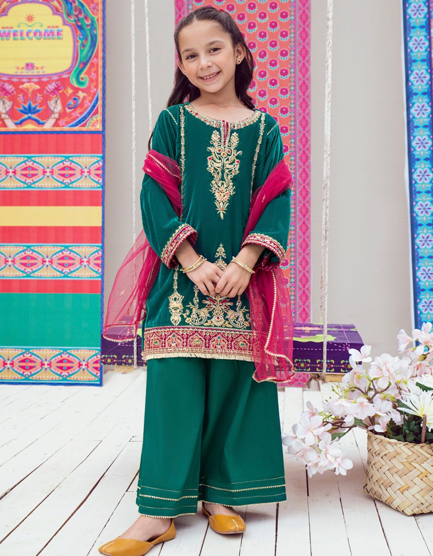 Green Silk Lawn Girls 3 Piece Stitched | Jgk-W-23-1927
