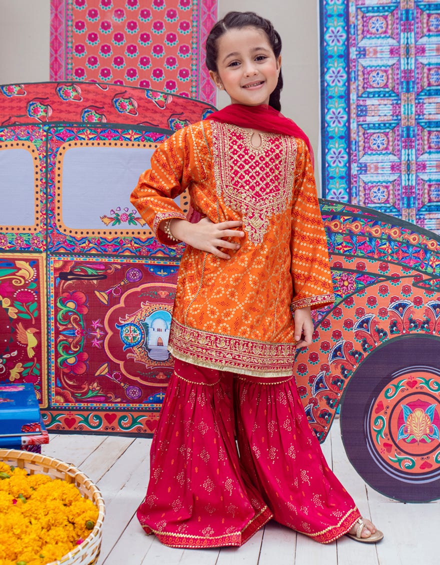 Red Silk Lawn Girls 3 Piece Stitched | Jgk-W-23-1928