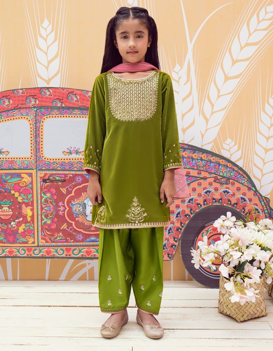 Green Velvet Girls 3 Piece Stitched | Jgk-W-23-1929